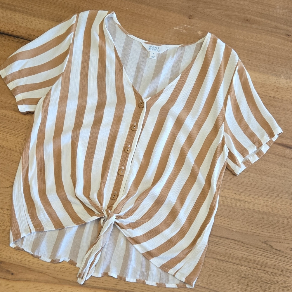 Market & Spruce Striped Tie Front Blouse | Size M | Tan Cream Lightweight